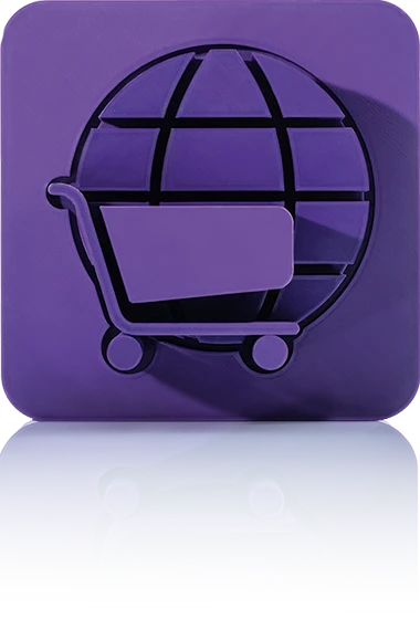 Das Symbol ist unicolor violett und zeigt einen Einkaufswagen vor einer stilisierten Weltkugel mit Gitterlinien. Es ist in einem Quadrat mit abgerundeten Ecken dargestellt. Dieses Icon steht für den Onlinekatalog von crossbase.