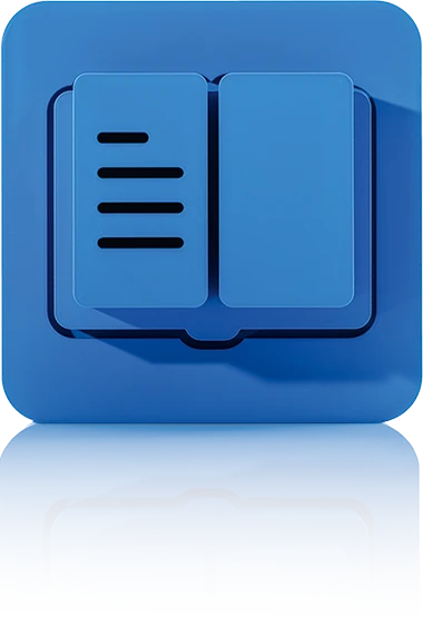 Le symbole se compose d'un carré bleu entouré de coins arrondis. On y trouve un livre stylisé ouvert avec des lignes sur le côté gauche. Il représente le Channel Output Management de crossbase.