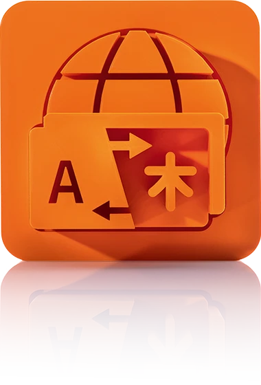 Le symbole est orange unicolore et représente un globe stylisé en arrière-plan. Au premier plan se trouve une fenêtre de traduction avec un grand « A » à gauche et un caractère asiatique à droite, reliés par une double flèche. Il est représenté dans un carré aux coins arrondis. Cette icône représente la traduction en ligne de crossbase.