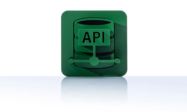 L'icône est verte unicolore et représente une base de données avec une étiquette sur laquelle est inscrit « API ». La représentation est stylisée et se trouve dans un carré aux coins arrondis. Cette icône représente le serveur API de crossbase.